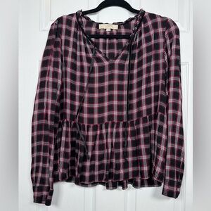 LOFT Plaid Peplum Blouse Tie Neck Long Sleeve Top Womens Small